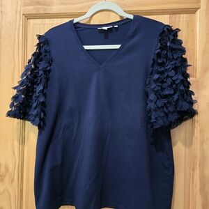 Navy Short Sleeve Top with Textured Sleeves
